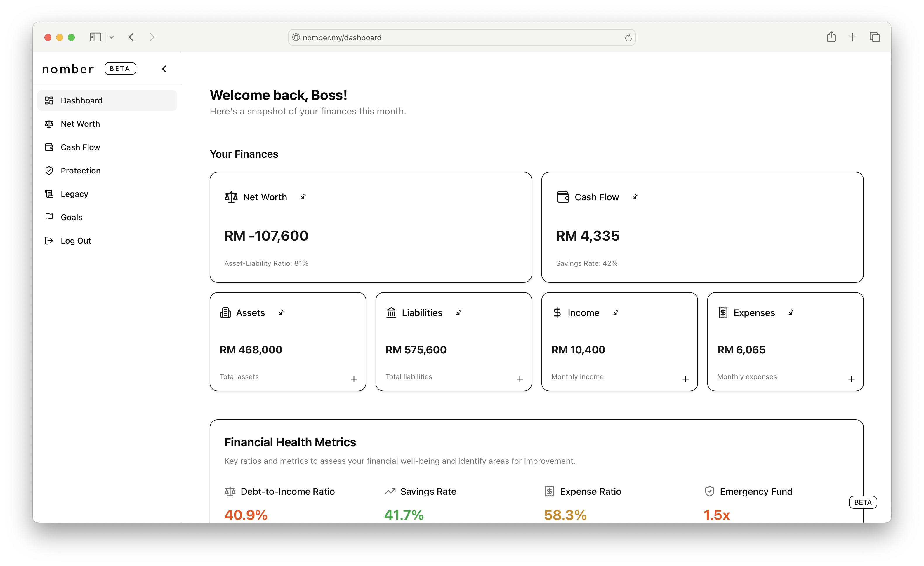 Nomber app dashboard screenshot